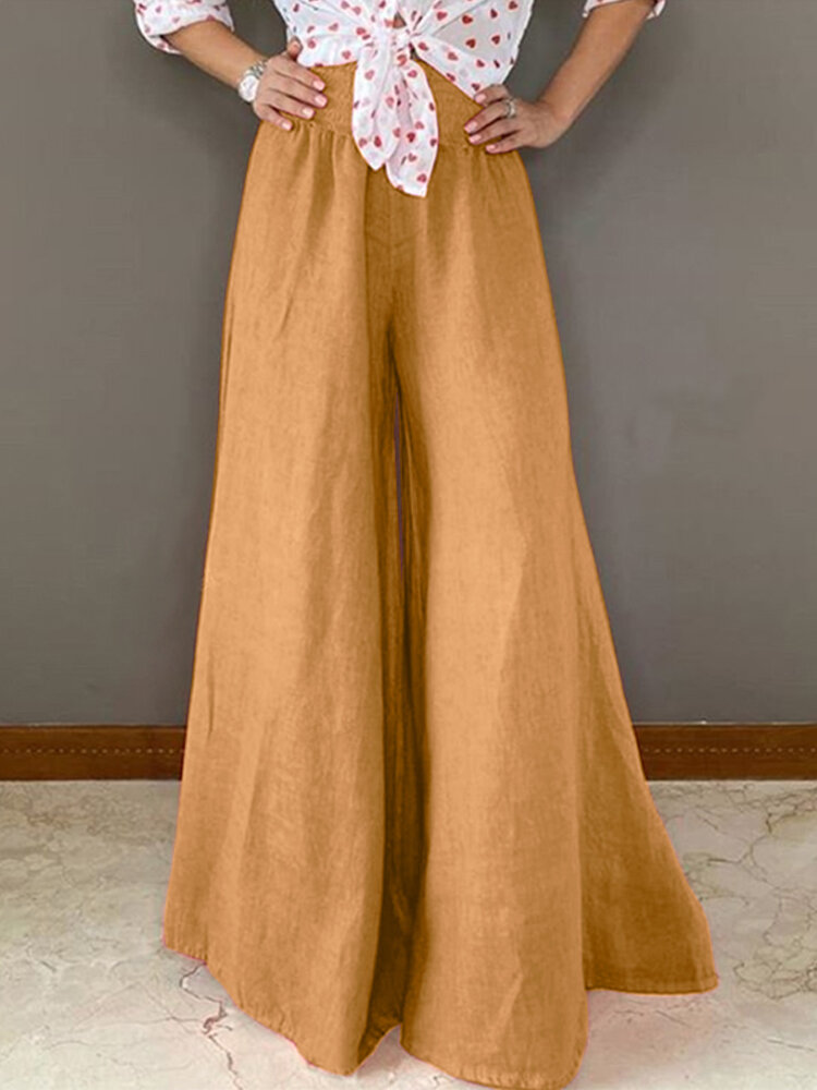 Women Solid Color High Elastic Waist Wide Leg Cotton Casual Pants With Pocket