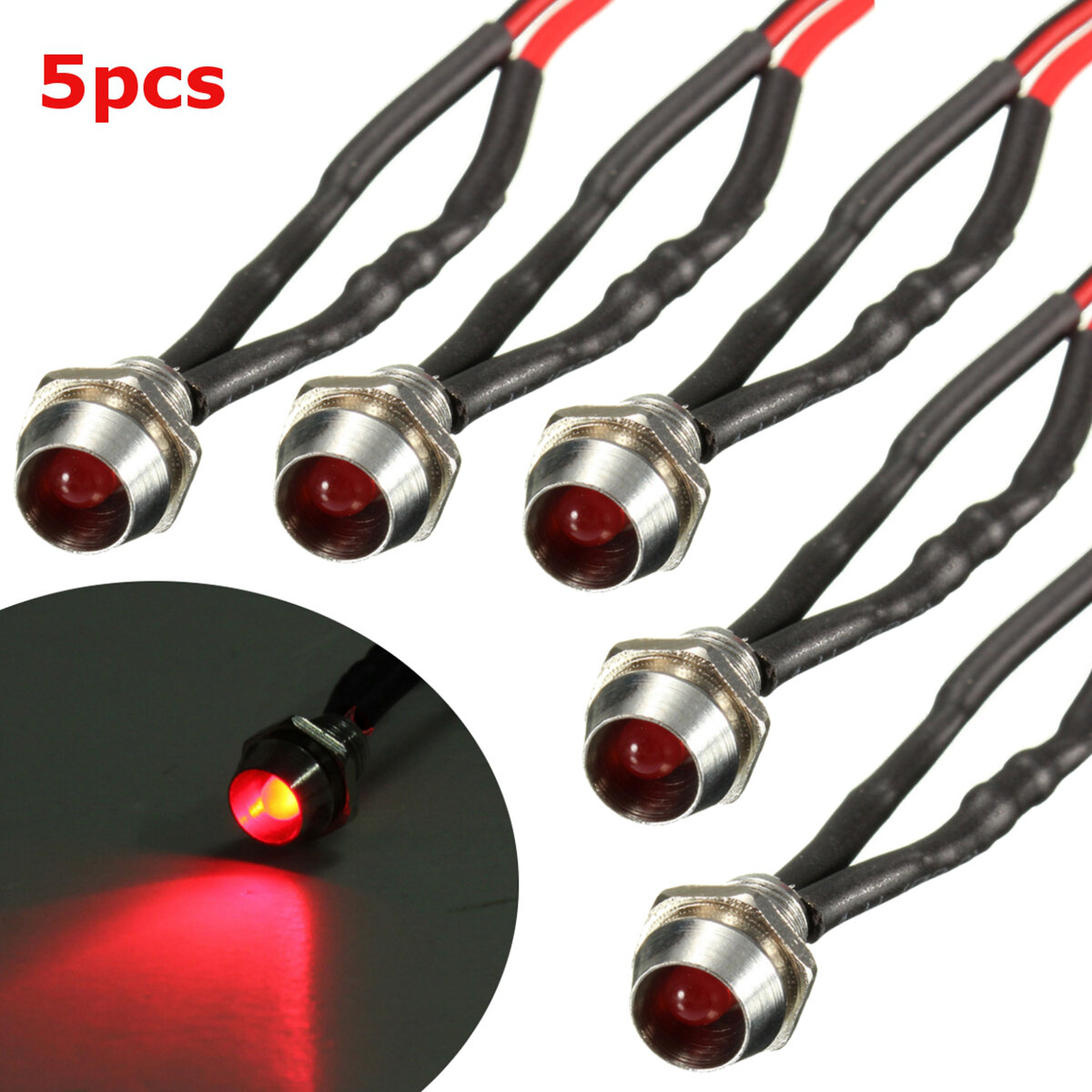 5Pcs 6mm 12V Red LED Metal Indicator Pilot Dash Light Lamp Wire Leads For Car Truck Boat