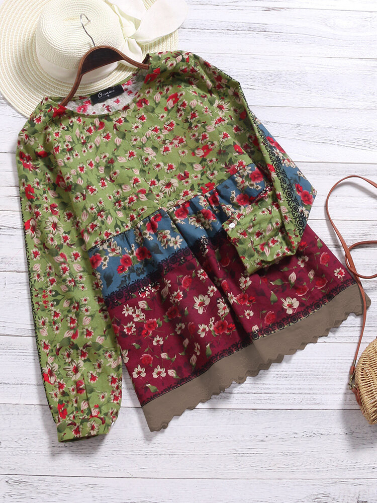 Image of Vintage Damen Patchwork-Hemd mit Blumendruck