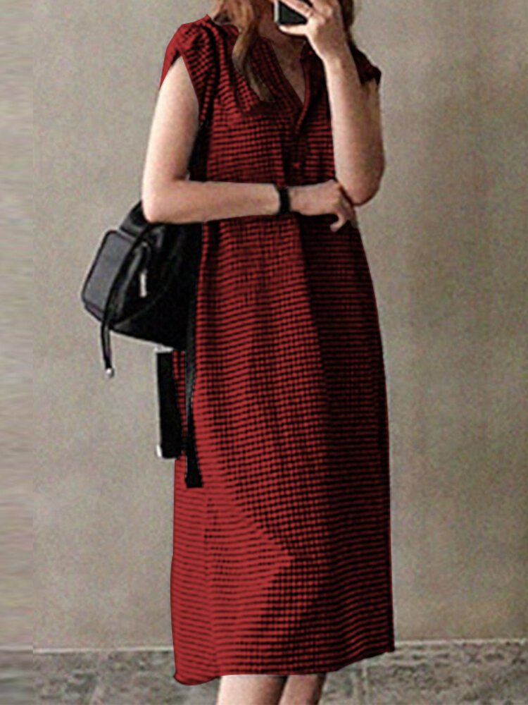 Plus Size Plaid V-Neck Side Split Casual Short Sleeve Midi Dresses For Women