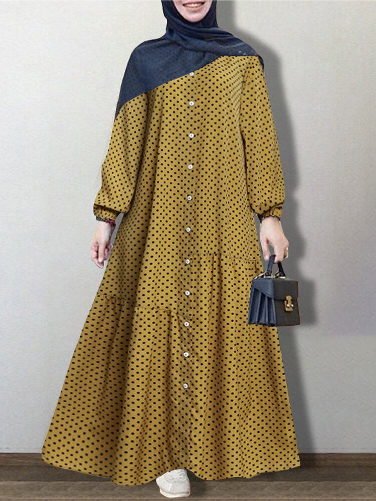 Dames polkadot bedrukte button-down voorkant elastische manchet Boheemse kaftan tuniek maxi-jurk