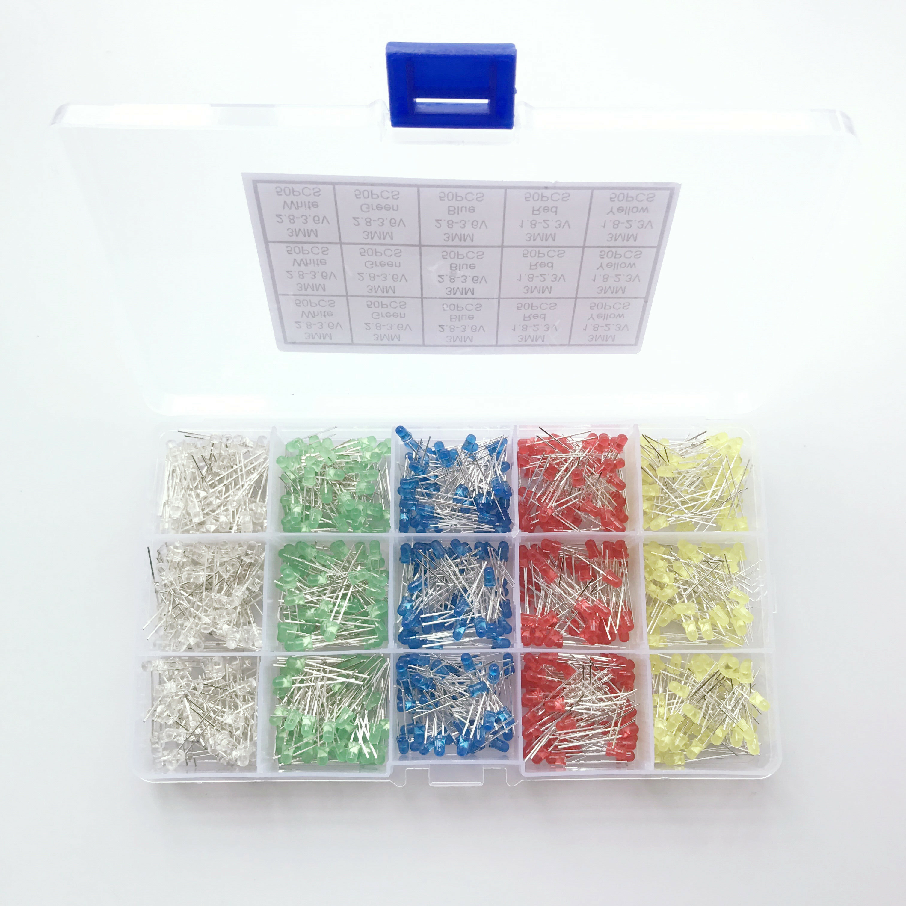 1000pcs 3MM LED Diode Red Yellow Blue Green White Each 200pcs with Plastic Box