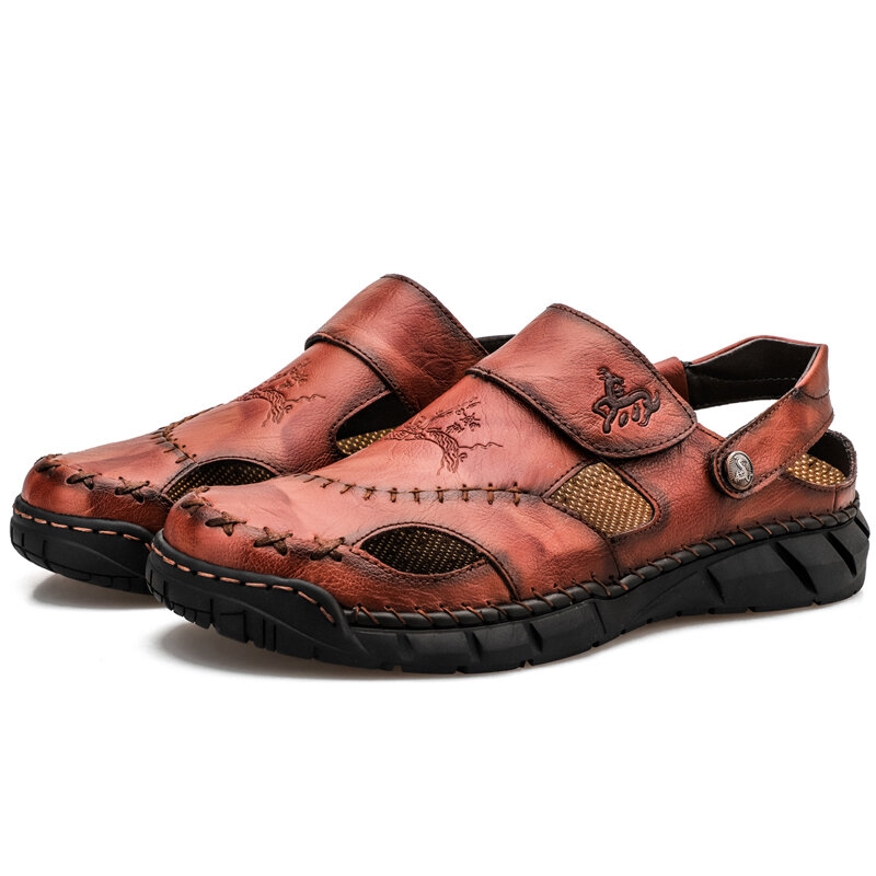 60% OFF on Men Cowhide Spicing Breathable Hollow Out Non-slip Casual Sandals