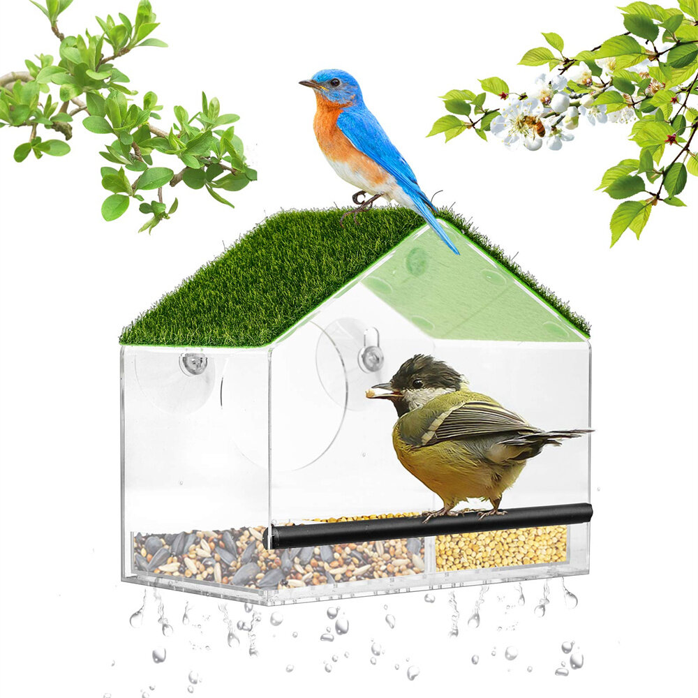 WOPPAY Raamvogelvoeders voor buiten, Vogelvoeder Natuur Groen Groot dak met kunstgras, Verwijderbare