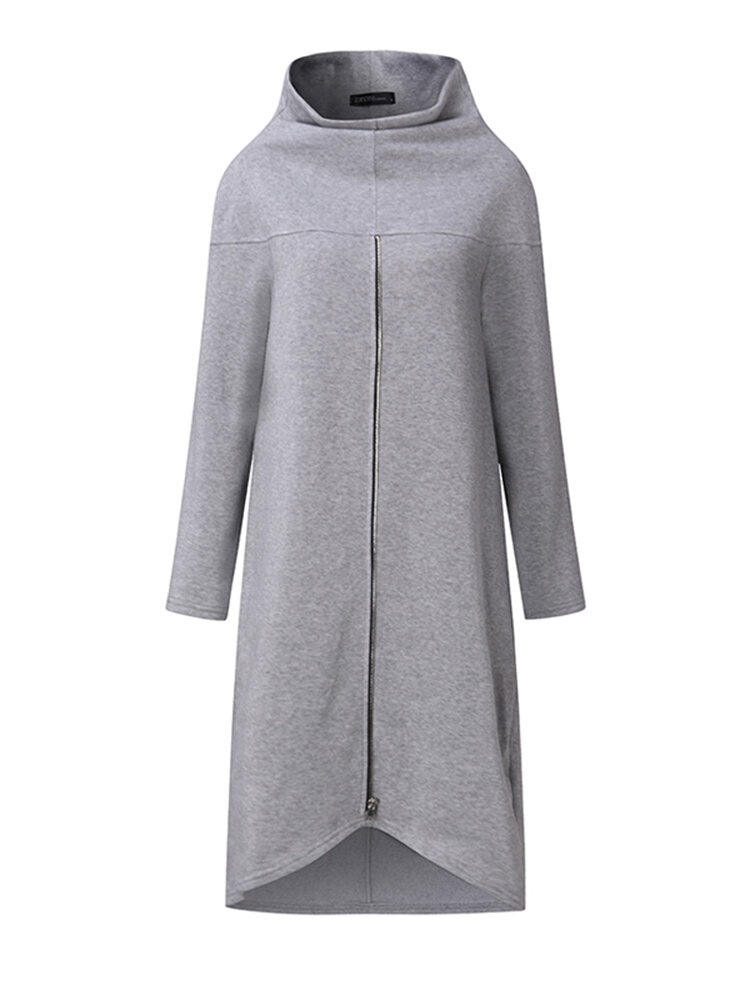 Women Long Sleeve High Neck Loose Hoodies Solid Color Dresses