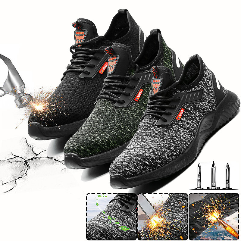 Sapatos de segurança para homens com biqueira de aço, feitos de malha respirável, tênis anti-perfuração para caminhadas e corridas.