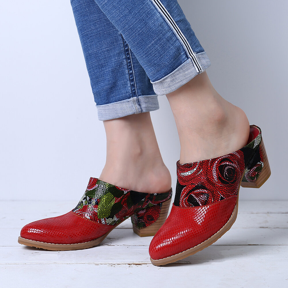 

SOCOFY Rose Шаблон Натуральная Кожа Комфортные туфли-лодочки на низком каблуке без шнуровки