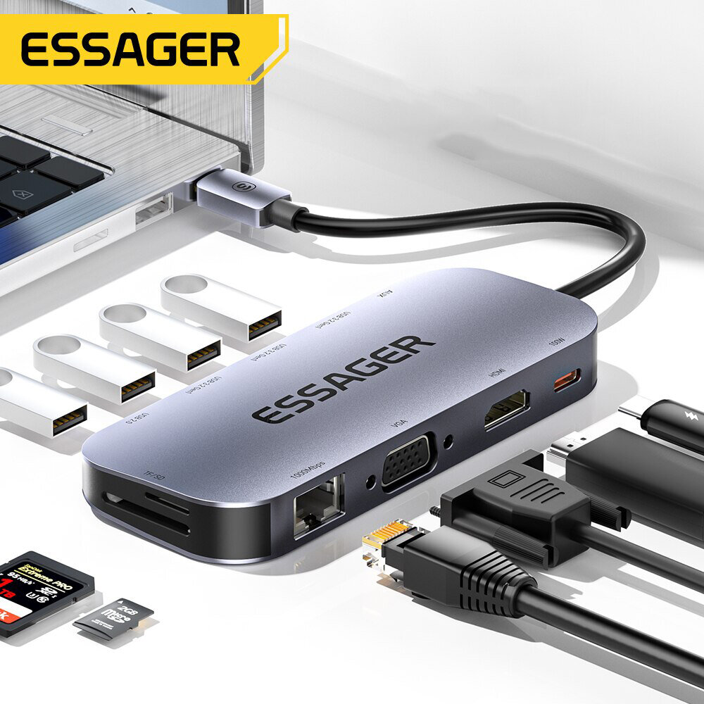 

Essager 11 in 1 Type-C Docking Station 3*USB 3.2 Gen1 5Gbps HDMI 4K@30HZ VGA RJ45 1000Mbps PD Charger USB Hubs 100W For