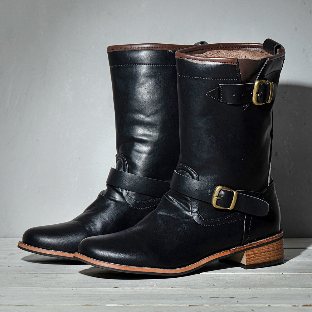 Men Leather Retro Round Toe Non Slip Comfy Slip On Solid Casual Martin Boots