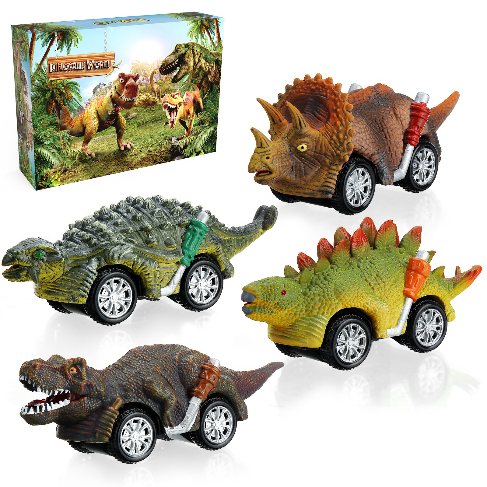 Pickwoo Dinosaur Toys Cars Inertia Vehicles Toddlers Kids Dinosaur Party Games with T-Rex Dino Toys 