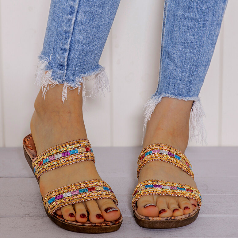 

LOSTISY Women Bohemian Folkways Stitching Non Slip Flower Pattern Open Toe Summer Beach Flat Sandals