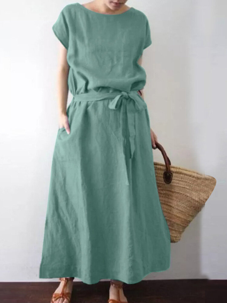 Solid Color Short Sleeve O-neck Knotted Cotton Dress