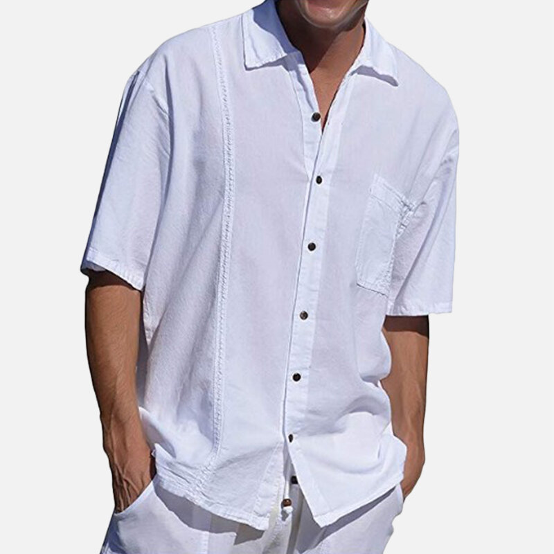 Men solid color single pocket linen revere shirts Sale - Banggood.com