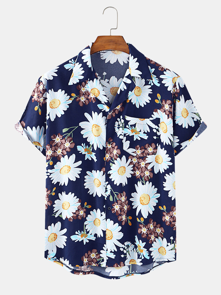 

Daisy Floral Print Chest Pocket Revere Collar Short Sleeve Shirts For Men Women