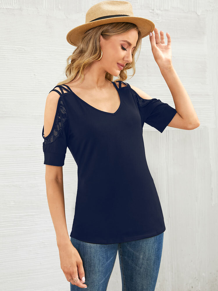 Solid Lace Splicing Cold Shoulder Backless Casual Blouse
