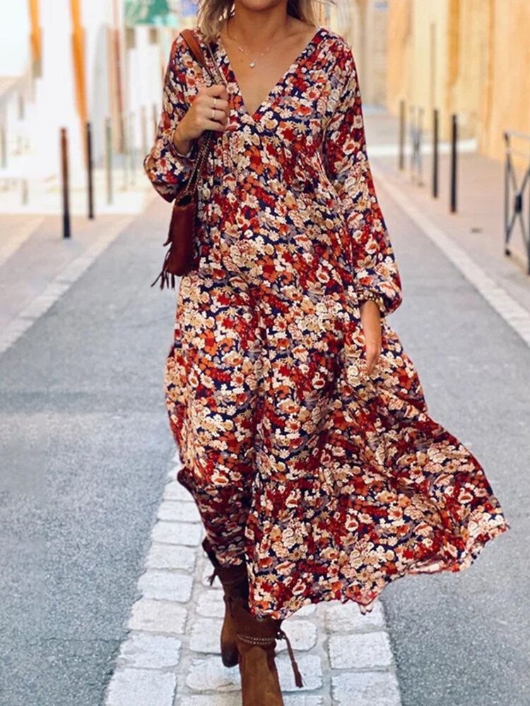 Ditsy Floral Print V-Neck Long Sleeve Loose Casual Holiday Maxi Dress For...