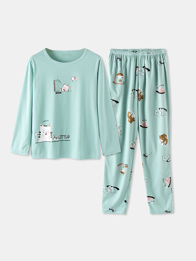 Dames Leuke Cartoon Animal Print Lange Mouw Zak Elastische Taille Thuis Pyjama Set