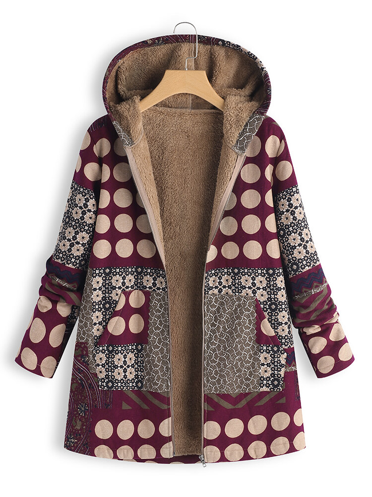 Women’s Fluffy Fleece Thick Floral Print Vintage Jacket Coats