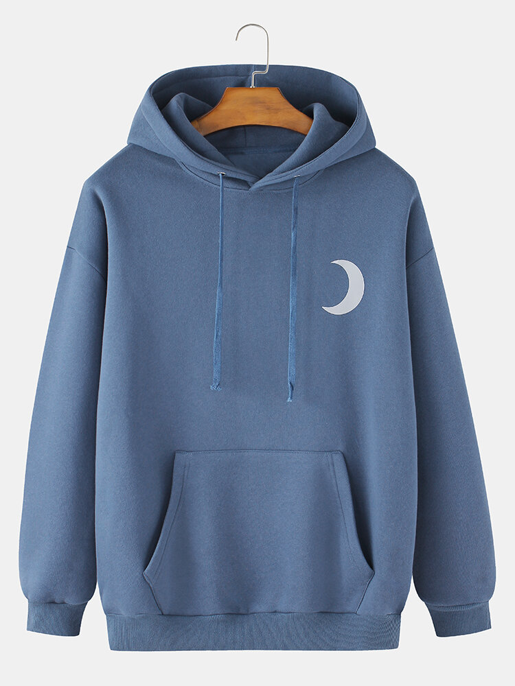 Mens Moon reflecterende print Drop Shoulder Kangaroo Pocket katoenen hoodies met trekkoord