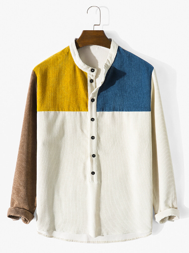 Heren Patchwork Contrast Kleurblok Lange Mouw Opstaande Kraag Knopen Henley Shirts