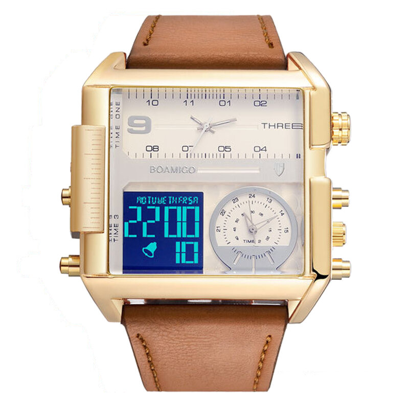 BOAMIGO F920 Fashion Men Digital Watch Creative Dial Week Month Display Chronograph 3 Time Zone Leat