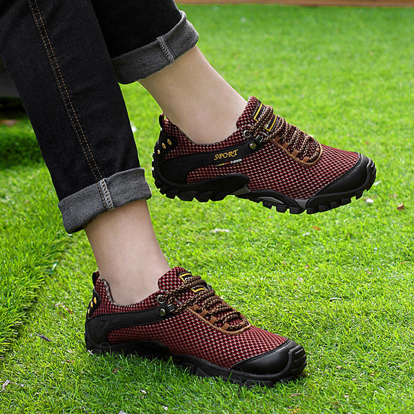 men sport mesh flat round toe lace up breathable mountaining casual ...