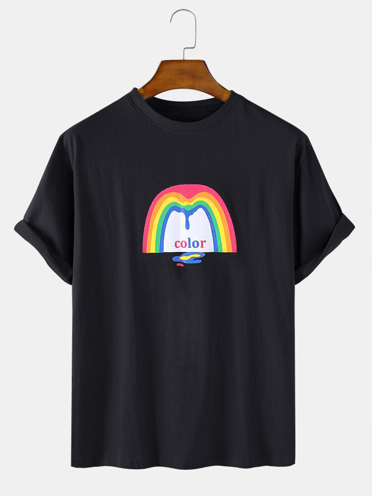 Mens Rainbow Graphic Print Cotton Round Neck Casual Short Sleeve T-Shirt