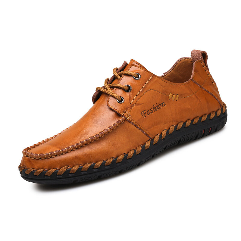55% OFF on Men Hand Stitching Comfy Round Toe Non Slip Wearable Sole Casual Flat Leather Shoes