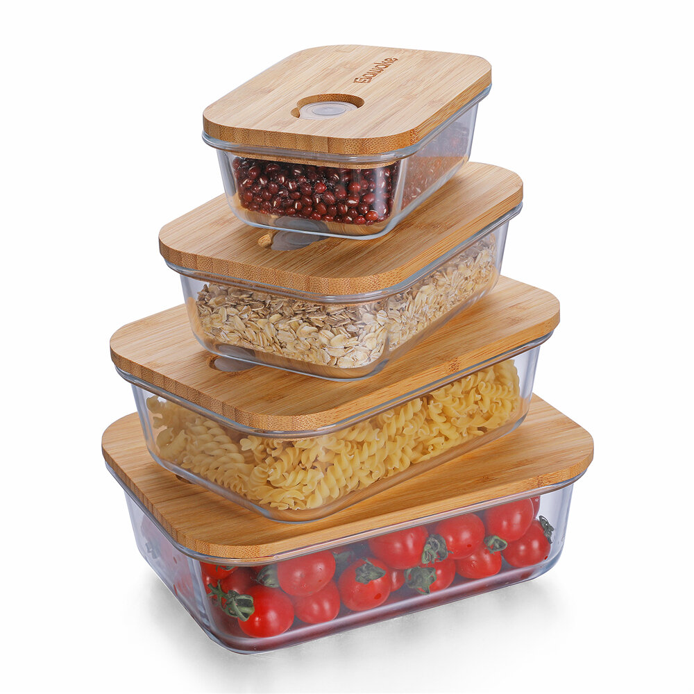 SAWAKE voedselglas opslagset met luchtdichte bamboe deksels elastische band voedsel lunchcontainers
