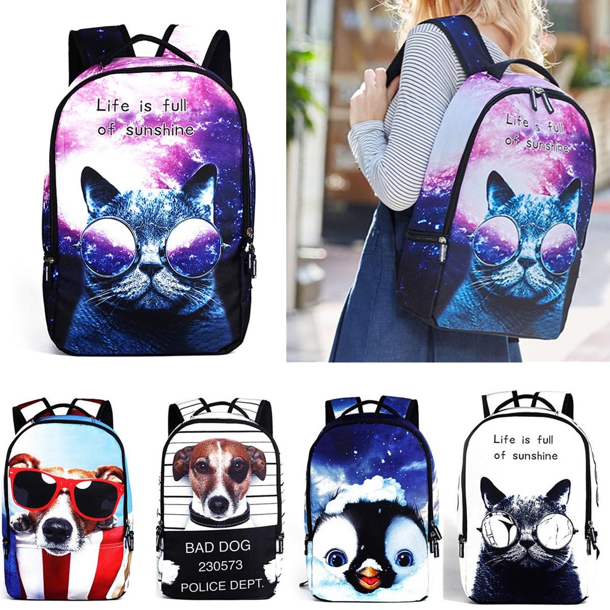 IPRee® Polyester Cartoon Laptop Backpack Cute Animal Dog Cat Print Schoolbag Rucksack