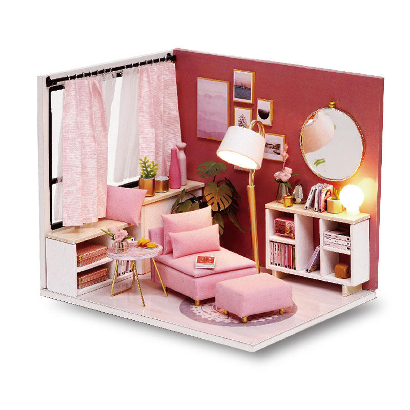 CuteRoom H-017 H-018Happiness Time Living Room Corner DIY Doll House With Furniture Music Light Cover Miniature Model Gi