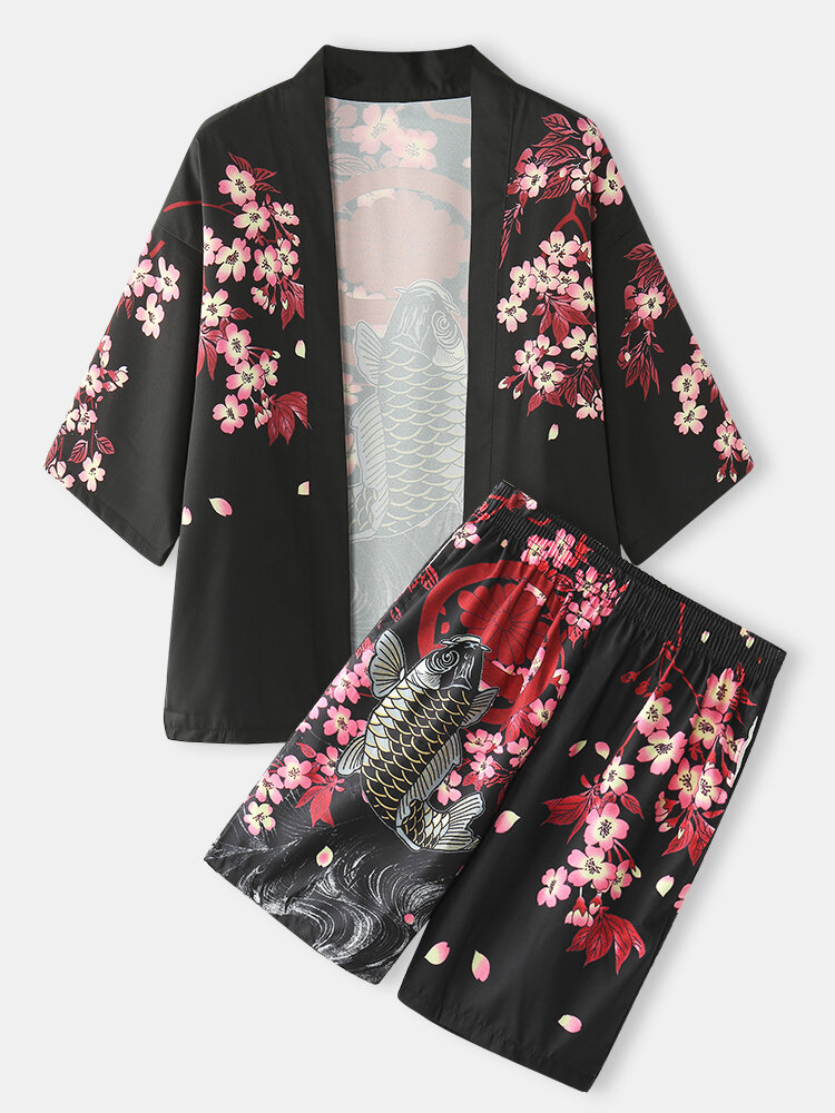 Mens Kimono Carp & Flower Print Japanese Fish Elastic Waist Two Piece Outfits