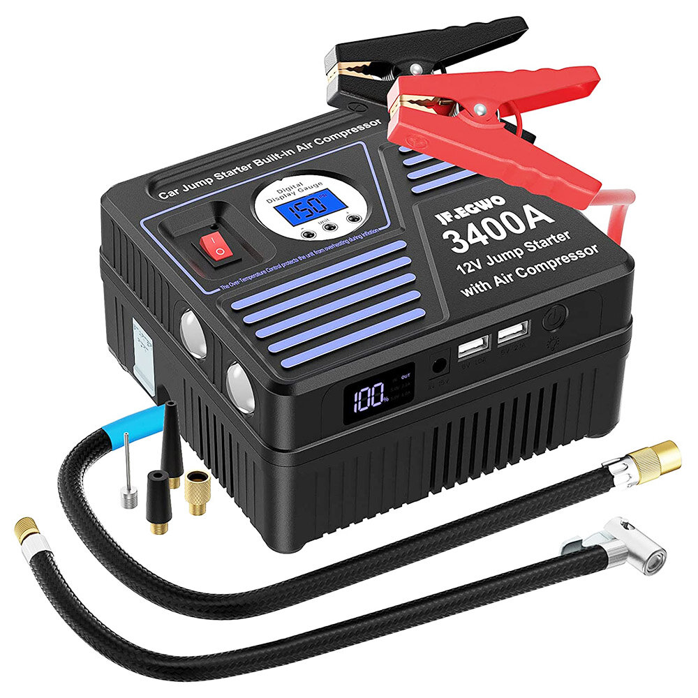 JF.EGWO 24000mAh 3400Amp Car Jump Starter with Air Compressor 12V Auto Battery Booster 150PSI Tire Inflator