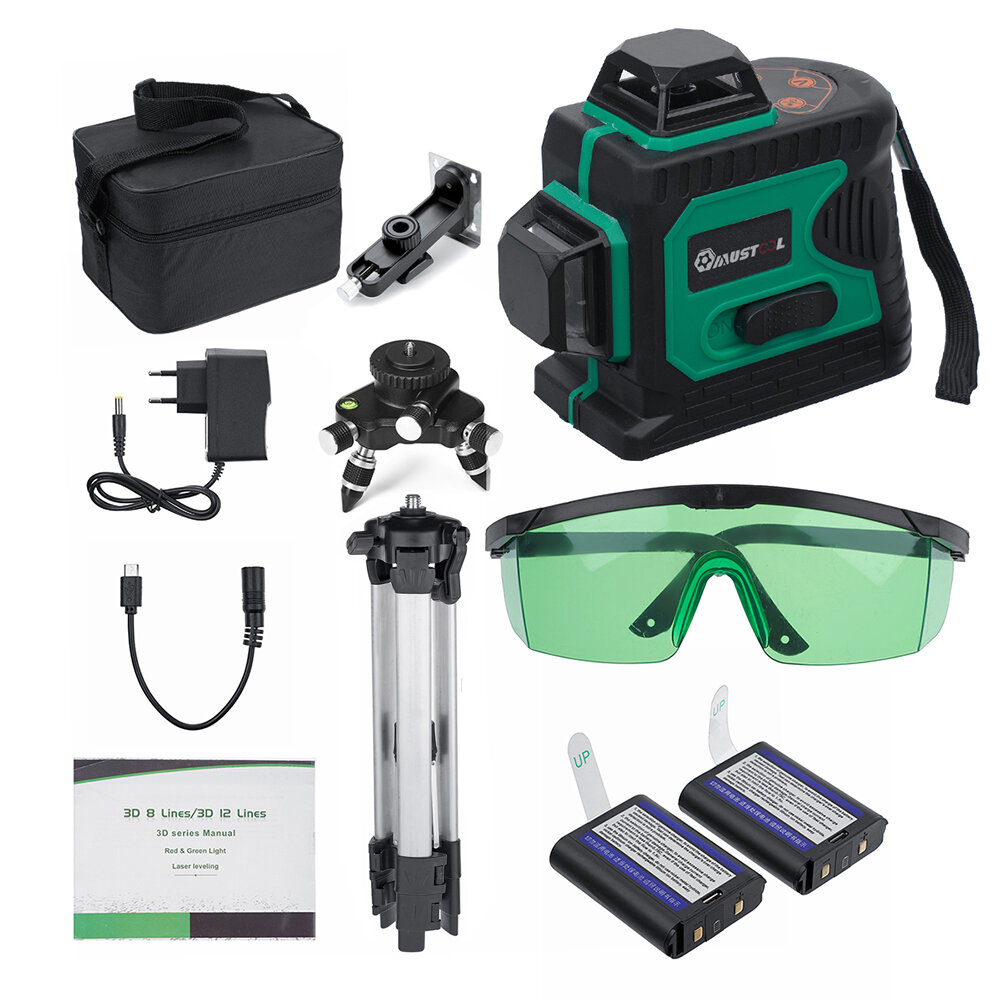best price,mustool,3d,green,auto,laser,level,12,lines,with,2,batteries,coupon,price,discount