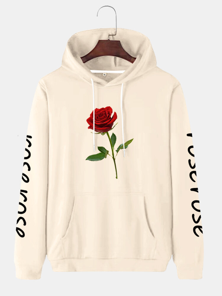 Mens Rose Letter Sleeve Print Cotton Drawstring Pullover Hoodies