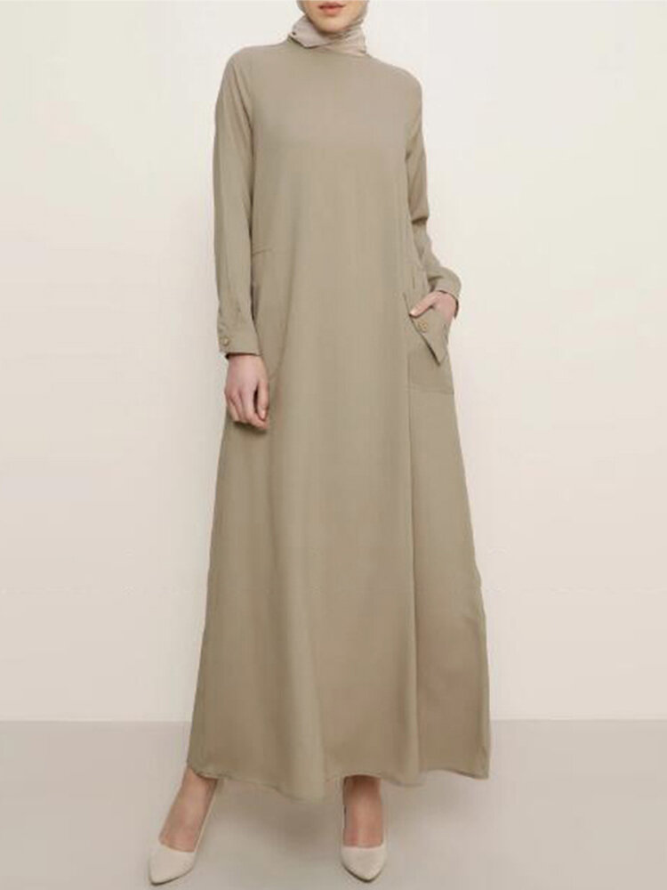 

Женщины сплошной цвет боковые карманы пуговицы манжеты кафтан туника с длинным рукавом макси Платье