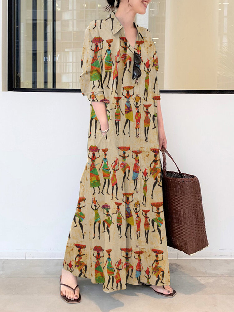Dames Etnische figuur Print Revers Shirt met lange mouwen Maxi-jurken met zak