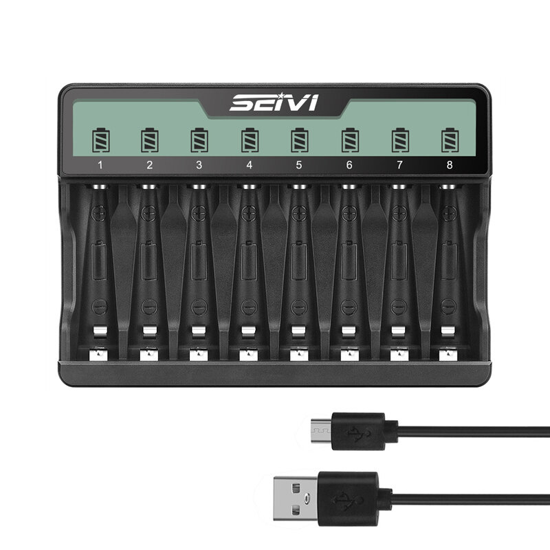 SEIVI SW-8NP 8-slots AA & AAA slimme snelle batterijlader met LCD-scherm voor Ni-MH Ni-CD AA AAA opl