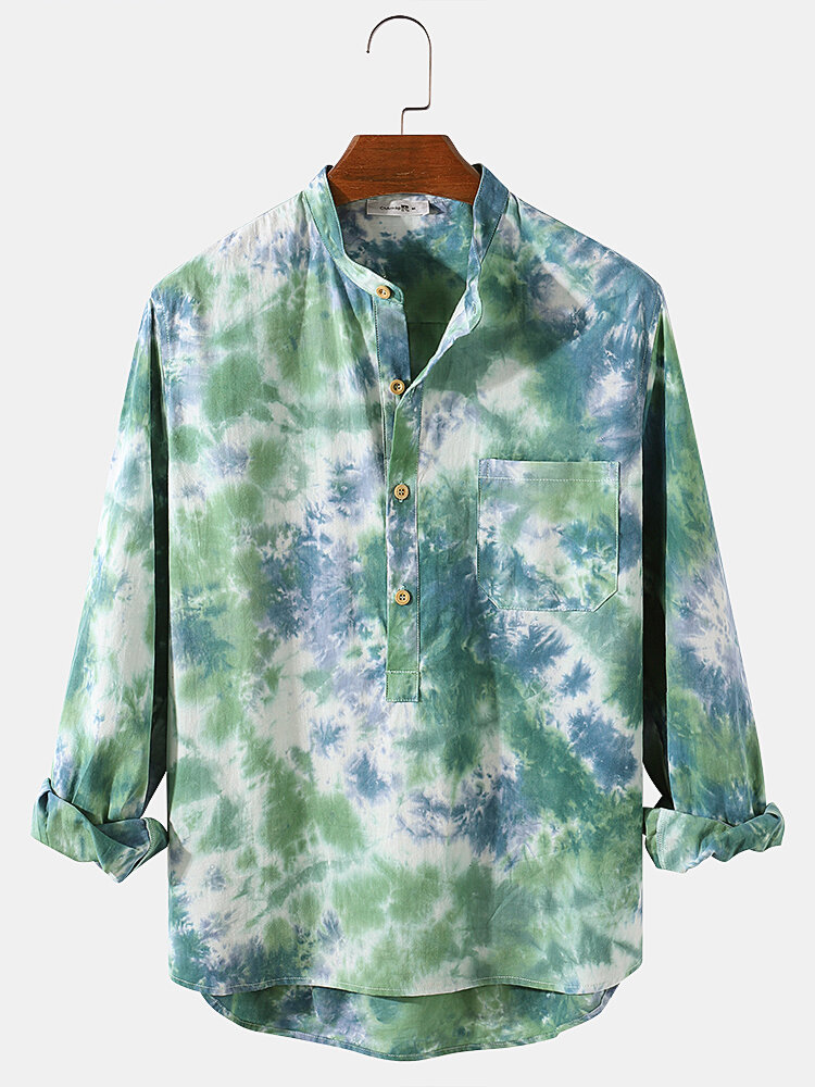 

Banggood Design Mens 100% Cotton Tie Dye Long Sleeve Pocket Deisgn Henley Shirts