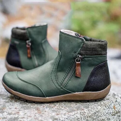 Women Large Size Splicing Round Toe Side Zipper Flat Ankle Boots