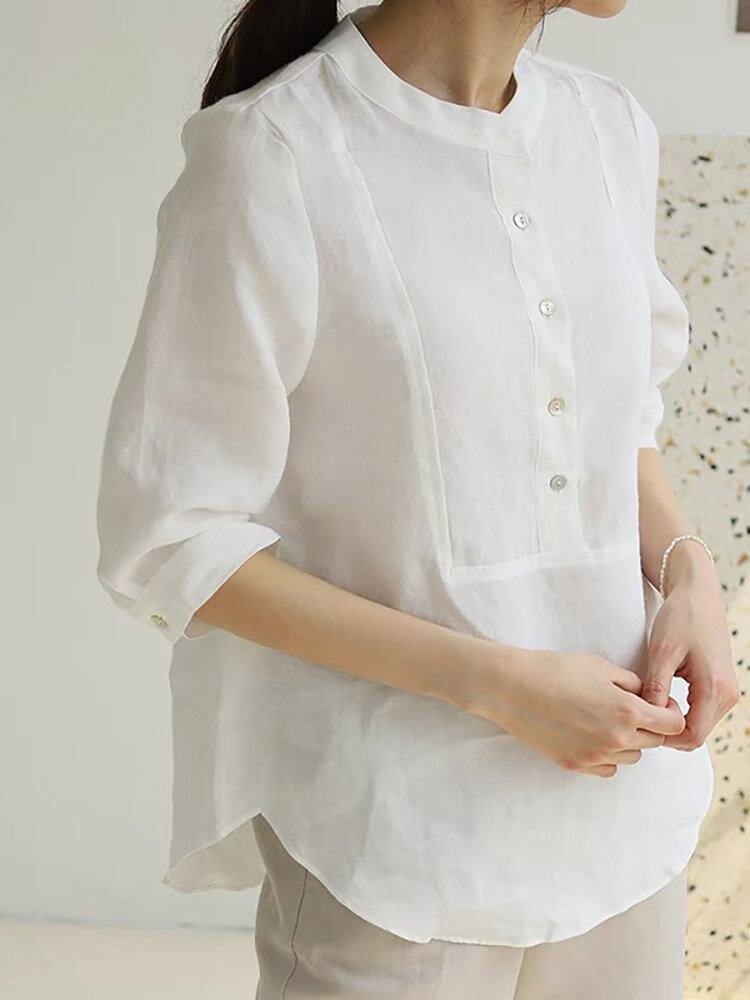 Effen asymmetrische blouse met opstaande kraag en knopen met 3/4 mouwen