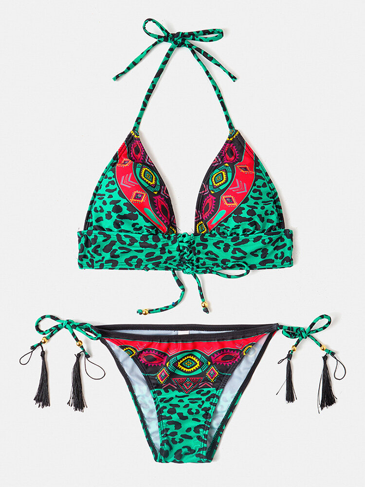 Vrouwen Leopard Patchwork etnische print Halter String Bikini Backless badmode