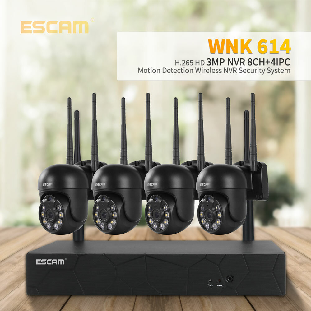 

ESCAM WNK614 8CH 3MP Wireless Dome камера Система видеонаблюдения NVR Набор Двустороннее аудио Двойное освещение движени