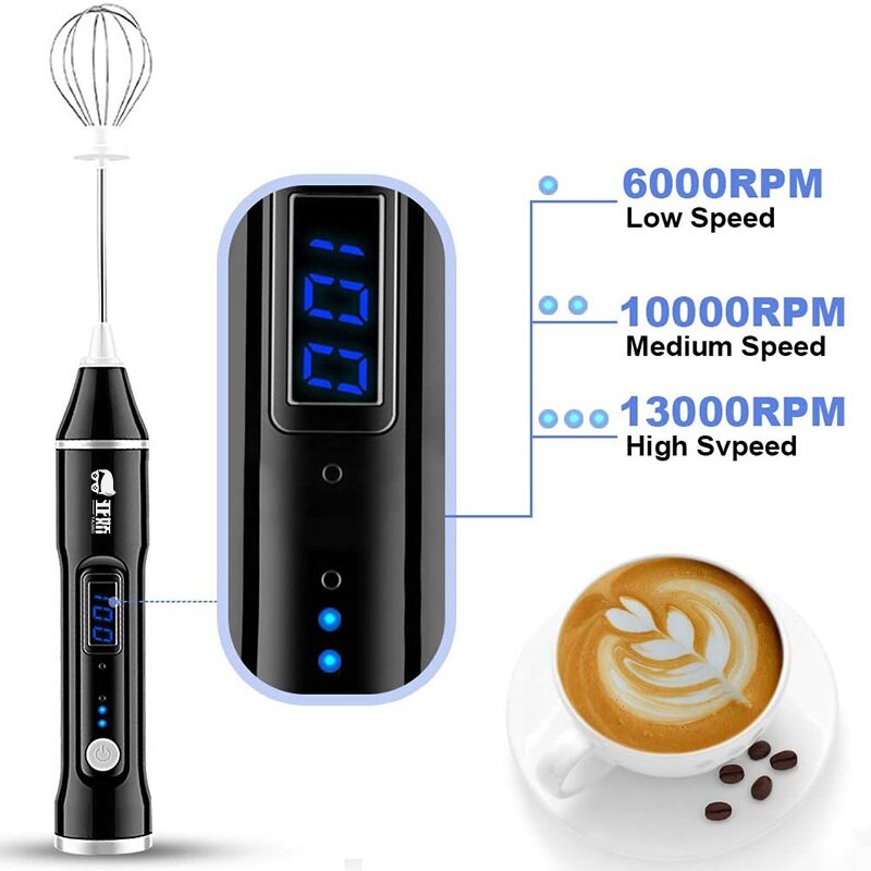 

Electric Milk Frother Handheld Blender USB Rechargeable 3-Speed Mixer LCD Display for Coffee Egg Milk Latte Cappuccino