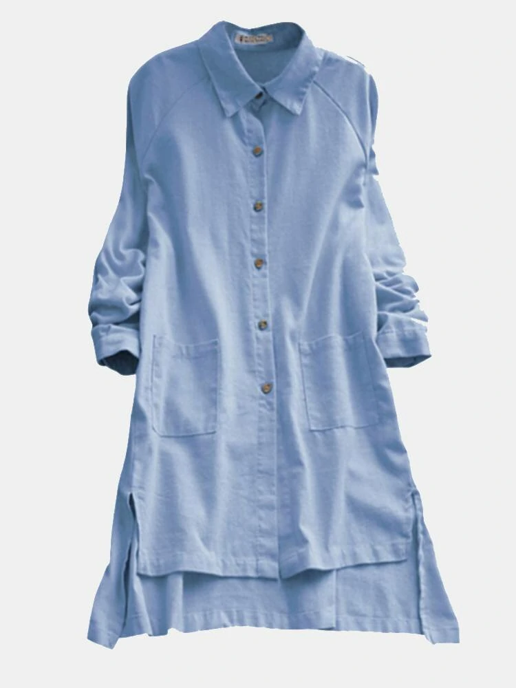 Solid high-low button front pocket lapel shirt