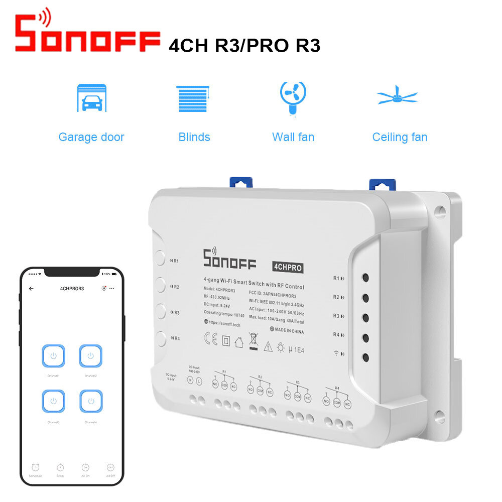 SONOFF 4CH R3 y 4CH PRO R3 AC100-240V 50 / 60Hz 10A 2200W 4 Gang WiFi DIY Interruptor inteligente Inching / Self-Locking