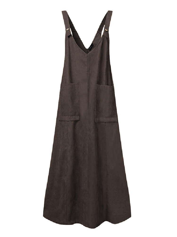 Women Corduroy Solid Color Sleeveless Vintage Dresses With Pocket