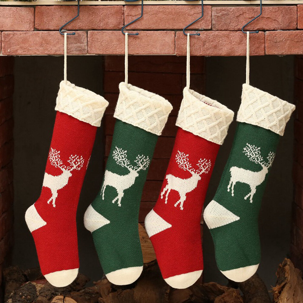 Unisex Knitted Christmas Socks Gift Bag Ornaments Home Decorations Elk Pattern Warm Tube Socks