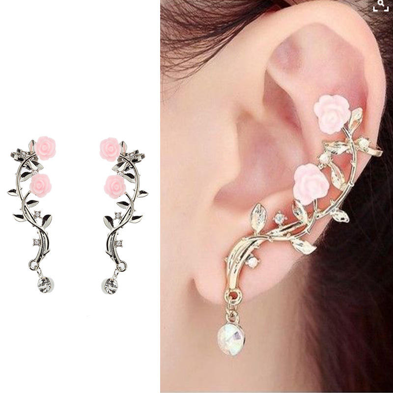 Elegante roze bloem Womens manchet oorbel Zilveren gouden kleur Piercing Clip oorbellen