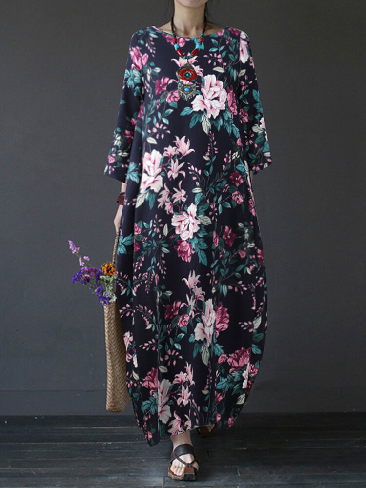 Vintage maxi-jurk van katoen met bloemenprint en zijzakken